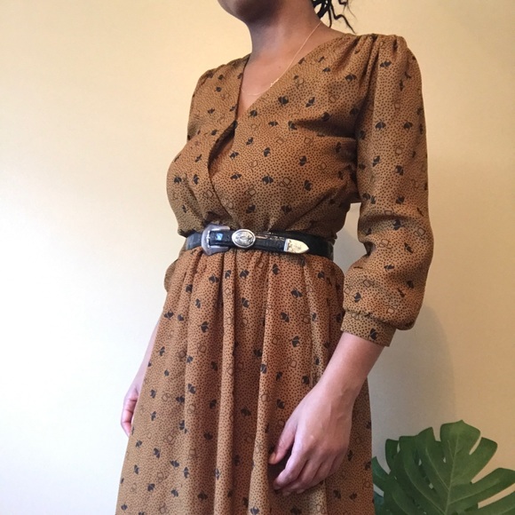 Vintage brown flowy Midi Dress Small - Picture 2 of 10